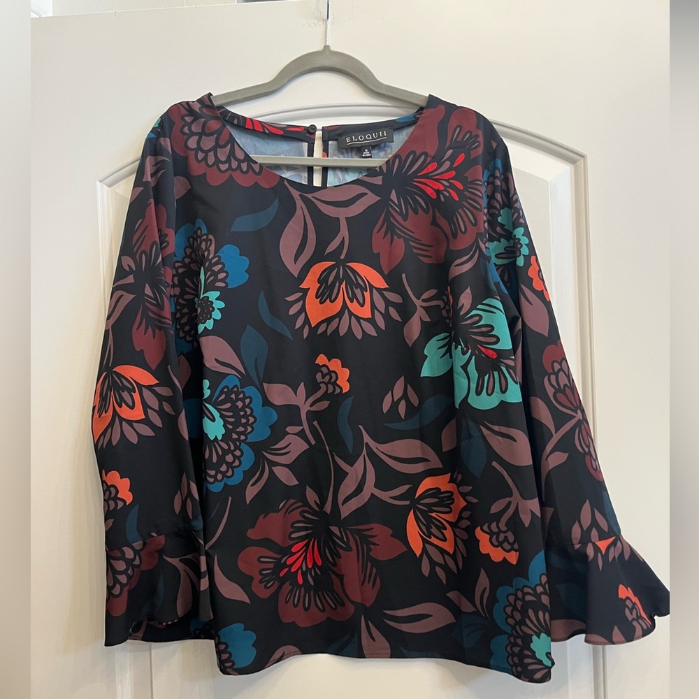 Eloquii Orange and Blue Long Sleeve Boxy Blouse